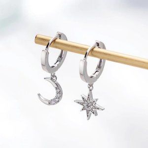 925 Sterling Silver CZ Moon Star Hoop Earrings